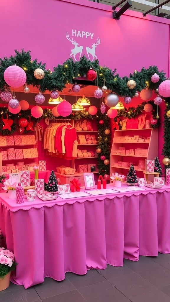 A festive pink Christmas vendor booth with decorations and products, creating a cheerful holiday atmosphere.